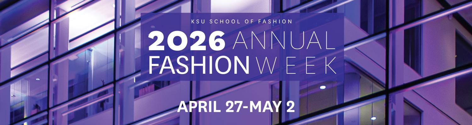 2026 Annual Fashion Week Graphic on purple background with purple building window grid texture in the background.