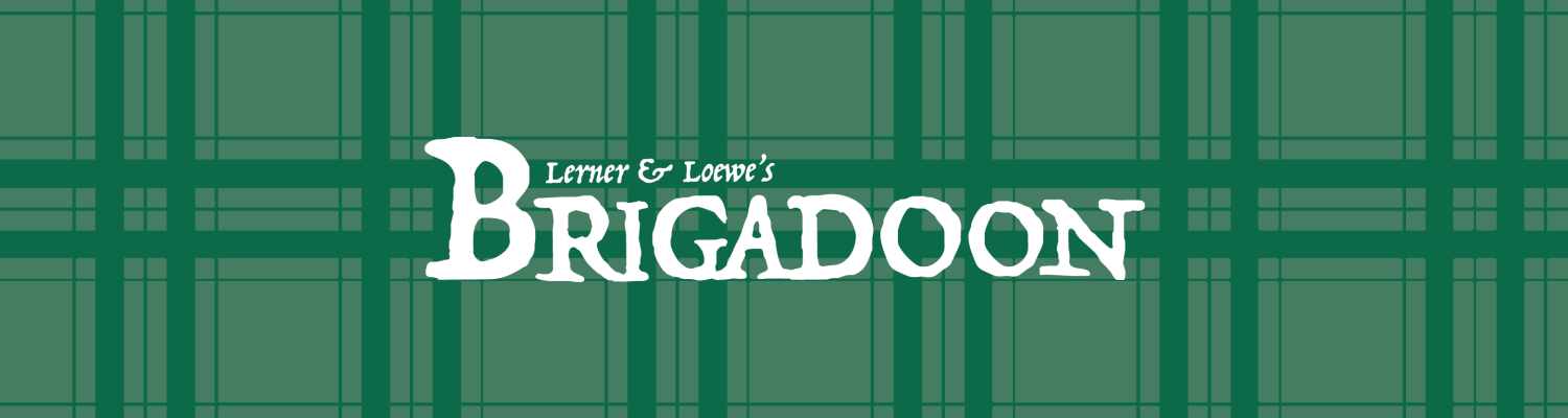 Lerner and Loewe's Brigadoon logo over green tartan plaid