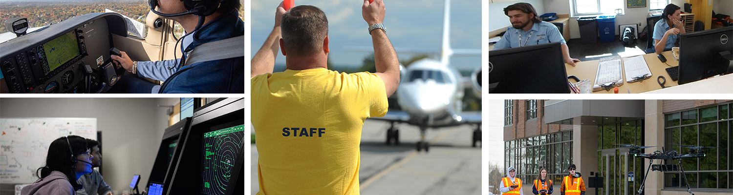 A photo collage of different aspects of aeronautics including piloting an airplane, air trafic control, dispatch, aircraft management, and unmanned aircraft operations.