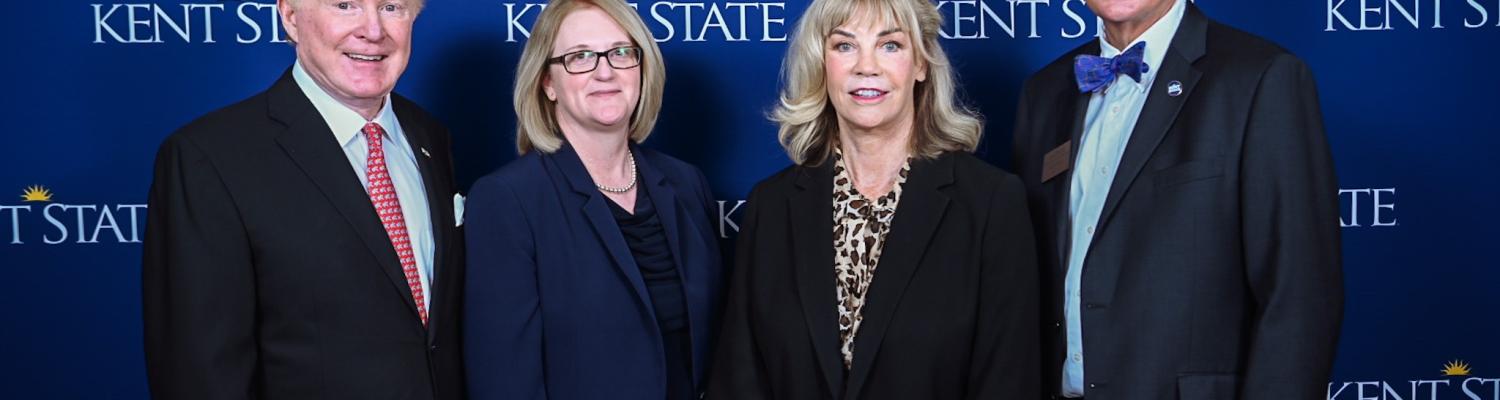 Pictured are (left to right) Ambassador Edward F. Crawford; Deborah Spake, dean of ɫ’s Ambassador Crawford College of Business and Entrepreneurship; Mary Crawford, Ambassador Crawford’s wife; and ɫ President Todd Diacon.