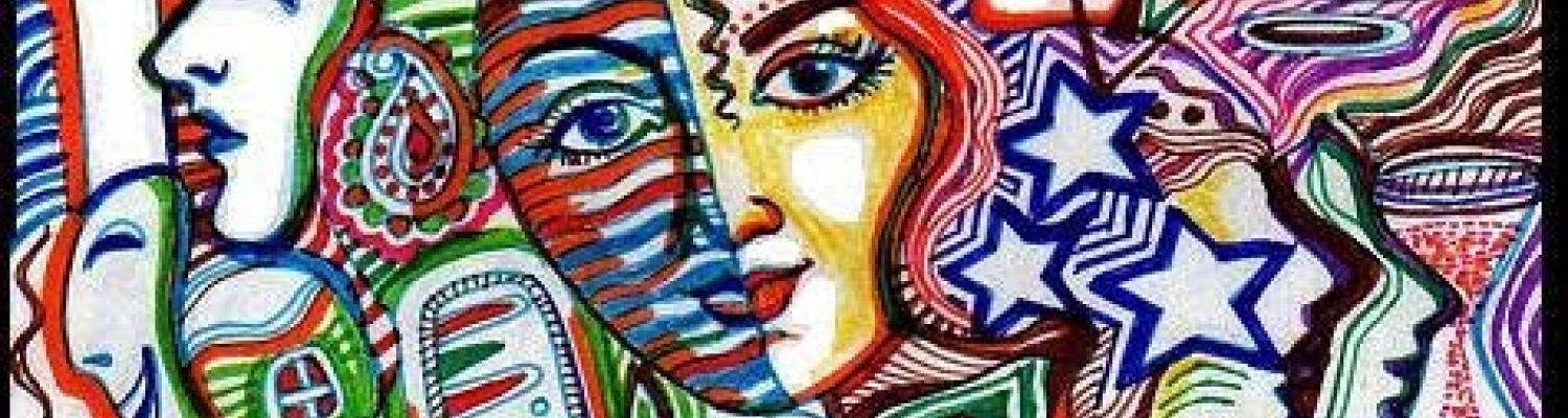 Art by Alagarsamy Karthikeyan. The work features vibrant colors, faces, and symbolic animals and objects, densely packed together.