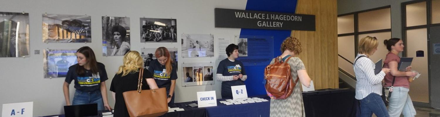 Students and teachers in the third floor lobby of Franklin Hall