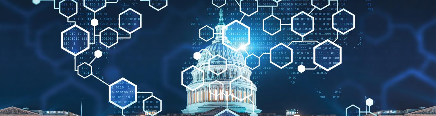 U.S. capitol building with nodes and binary text