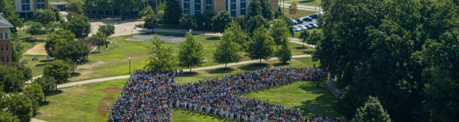 First-year students come together in a field to form a K.