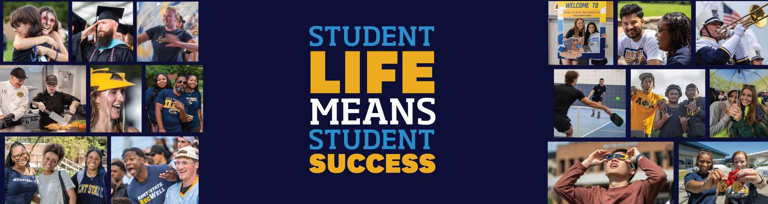 Decorative Image with collage of various images of students, parents and families and the copy Student Life Means Student Success