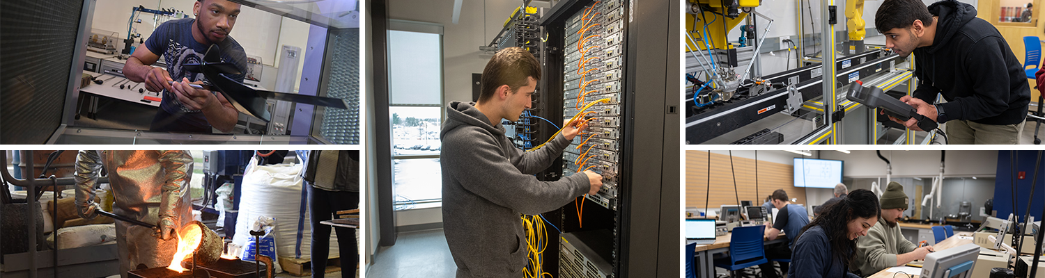 A photo collage depicting different engineering programs including aerospace engineering, cybersecurity, and mechatronics