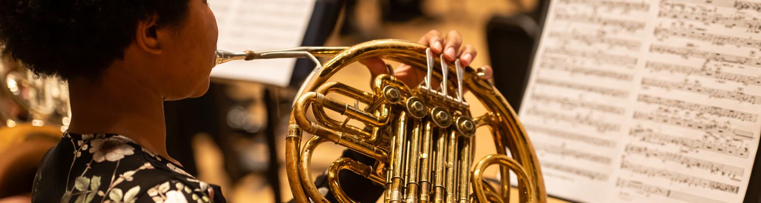 Person with dark hair playing the French horn during an orchestra concert