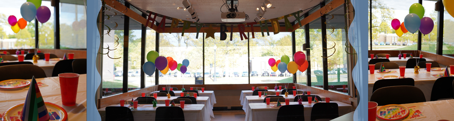 Photos of the Ice Arena party room, including the happy birthday hanging banner, tables with party hats and plates, colorful balloons, and happy birthday utensils. 