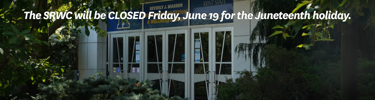 Looking through the trees to the SRWC entrance with the text "The SRWC will be closed Friday, June 19th for the Juneteenth Holiday"