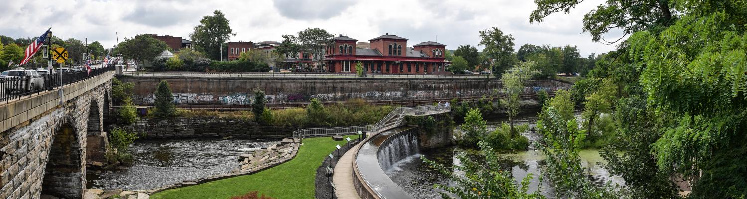 Panoramic view of Kent's old train station, river, and river walk. 