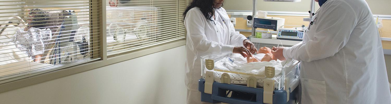 Salem: Centofanti Hall’s simulated hospital settings, such as this neonatal unit, enable students to practice dealing with medical emergencies. 