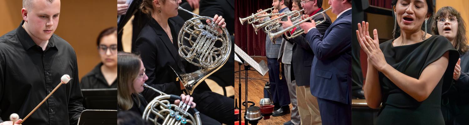 four images of school of music ensembles: percussion, french horns in the wind ensemble, trumpets in the large jazz ensemble, a female vocalist