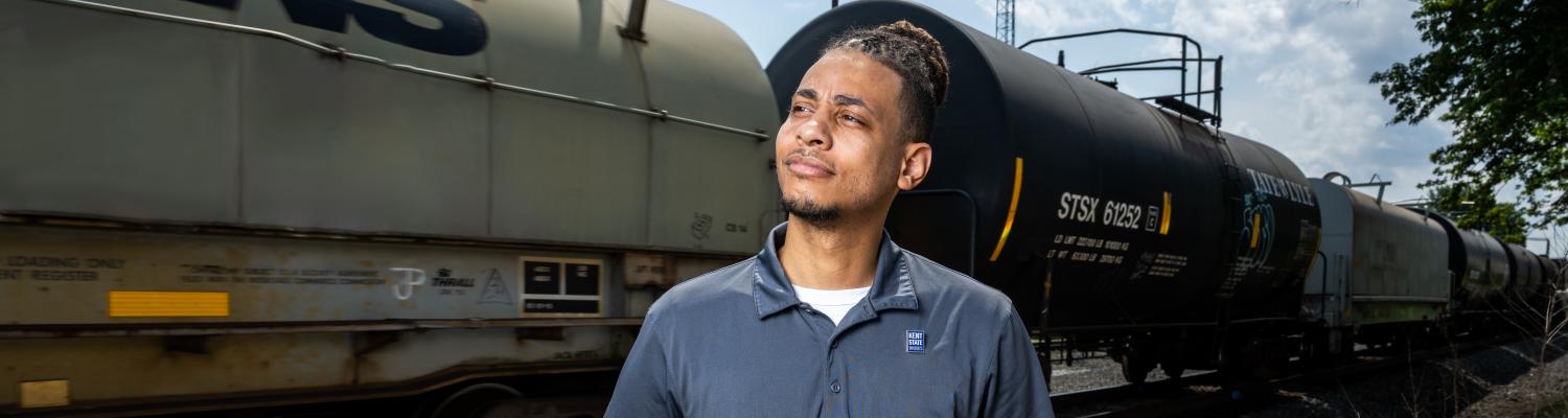 Myron in East Palestine with train in background