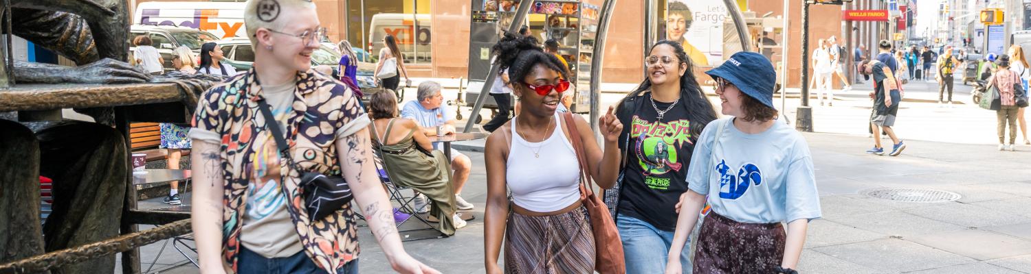 NYC Fashion; group of students walking down city street