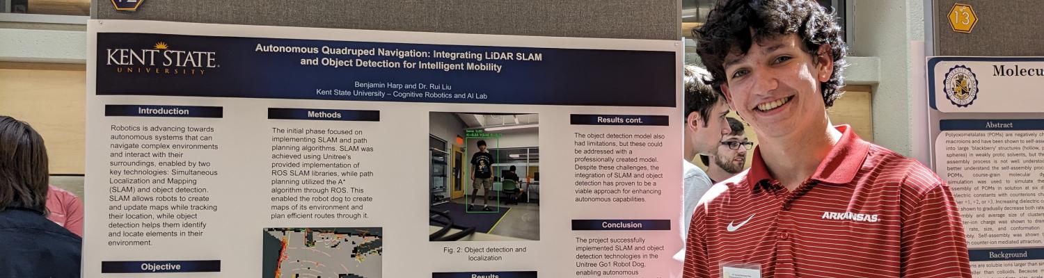Engineering student Benjamin Harp standing next to a poster describing his project, Autonomous Quadruped Navigation: Integrating LiDAR SLAM and Object Detection for Intelligent Mobility."