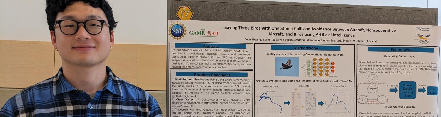 Engineering student Peter Hwang stands next to a poster describing his project, "Saving Three Birds with One Stone: Collision Avoidance Between Aircraft, Noncooperative Aircraft, and Birds Using Artificial Intelligence."
