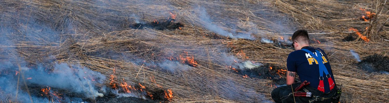 A city of Kent firefighter lights the prairie grass during the annual controlled burning of the prairie. (Photo credit: Bob Christy)