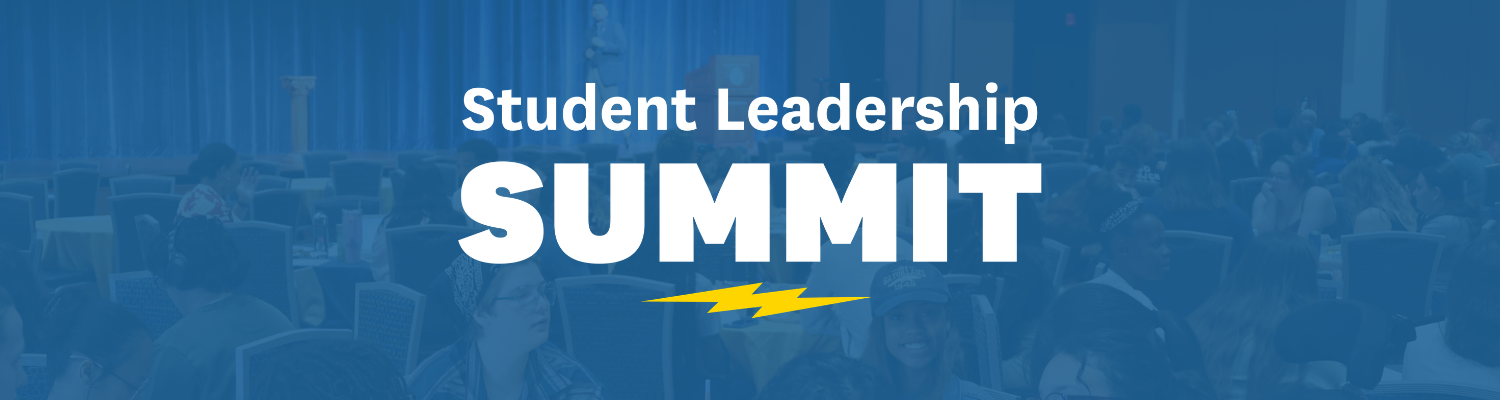 Graphic reading "Student Leadership Summit" with a golden flash icon and a dark blue background