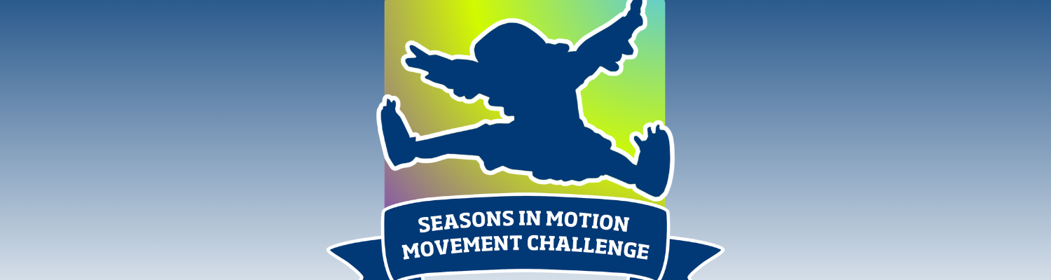 Seasons in Motion logo of an outline of Flash, the Kent State mascot jumping over a banner with the text "Season in Motion Movement Challenge"
