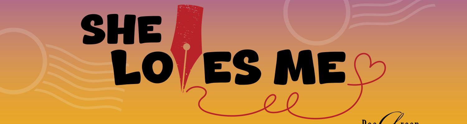 She loves me poster with a postcard background and a red fountain pen