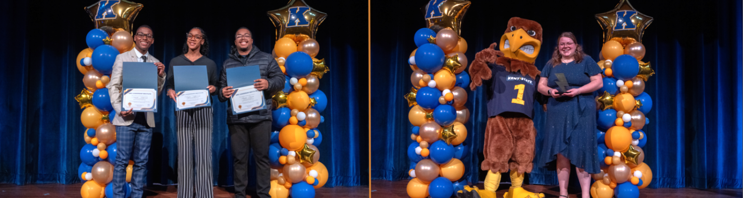 Banner of two images side by side; the left image shows three students in a row holding award certificates on a stage, and the image on the right shows a student standing next to Flash, the mascot, on a stage