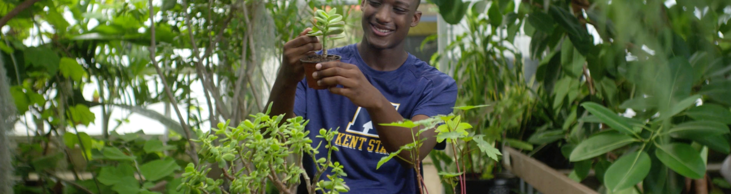 Student admiring plants in the greenhouse
