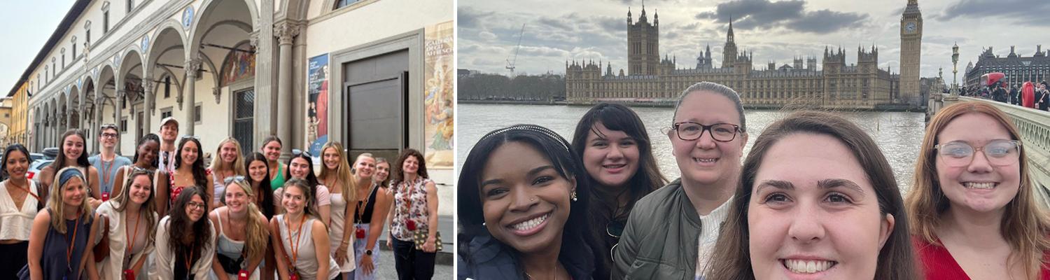 Group photos of nursing students while studying abroad in Florence, Italy (left) and London, England (right).