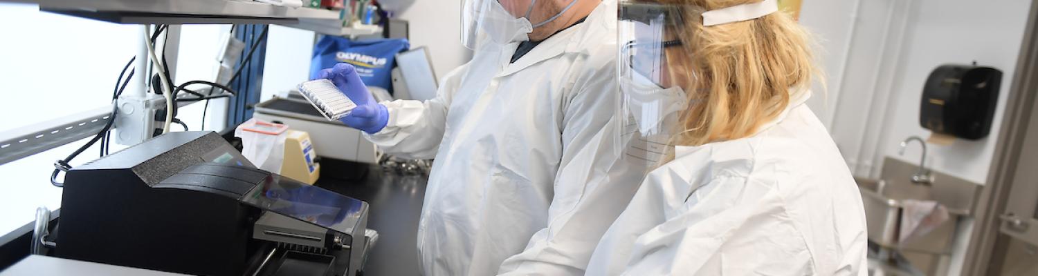 Two students in a science lab working with samples