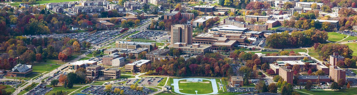 A colorful, fall aerial photo of the campus of Kent State, taken from a university aircraft, helps show why the university has received the Tree Campus USA recognition for a ninth consecutive year.