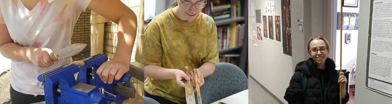 Anna Mika cutting rope with a stone knife in the Experimental Archaeology Lab