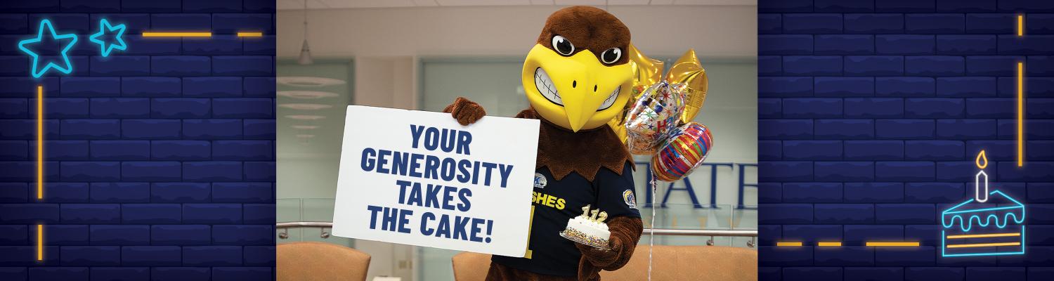 Flash, Թ’s mascot, celebrates Թ State’s 112th birthday and the university’s first-ever Day of Giving with a thank you to donors.