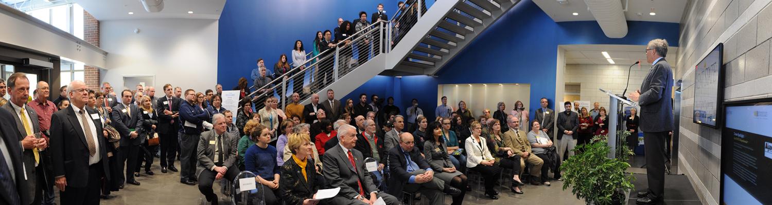 Dennis Eckart, Chair of the þҹӰԺѹۿ State Board of Trustees, speaks during the April 24, 2015 grand opening of the Aeronautics and Technology Building.