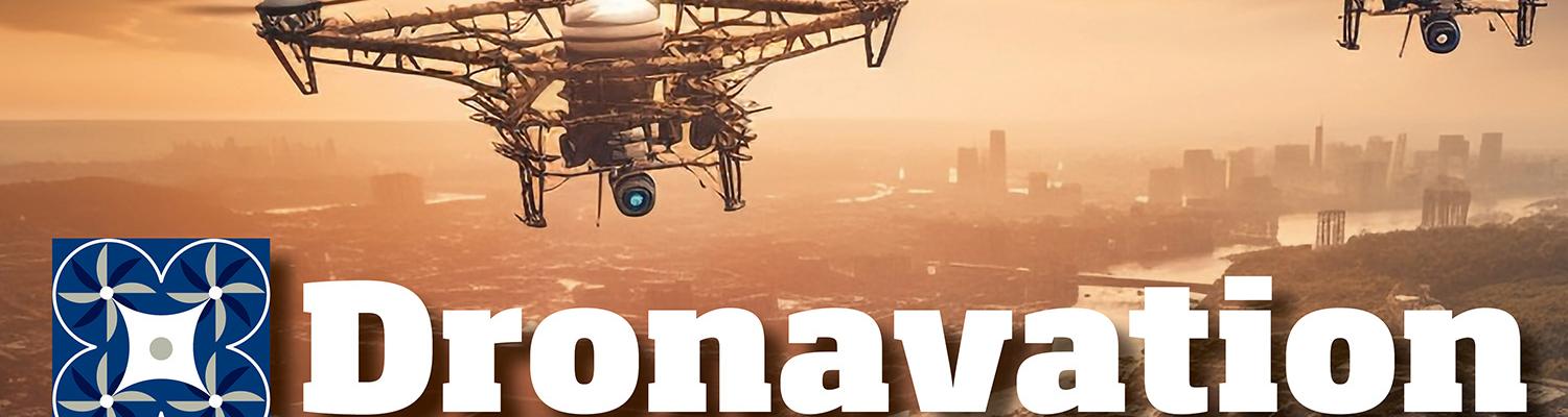 An AI generated quadcopter hovering over a cityscape overlaid with the word "Dronavation"