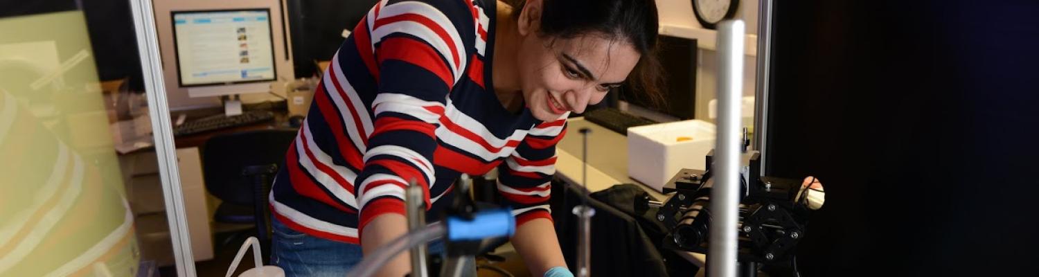 Mona Mirheydari, a graduate student of Dr. Mann and Dr. Kooijman, working with a liquid droplet tensiometer.
