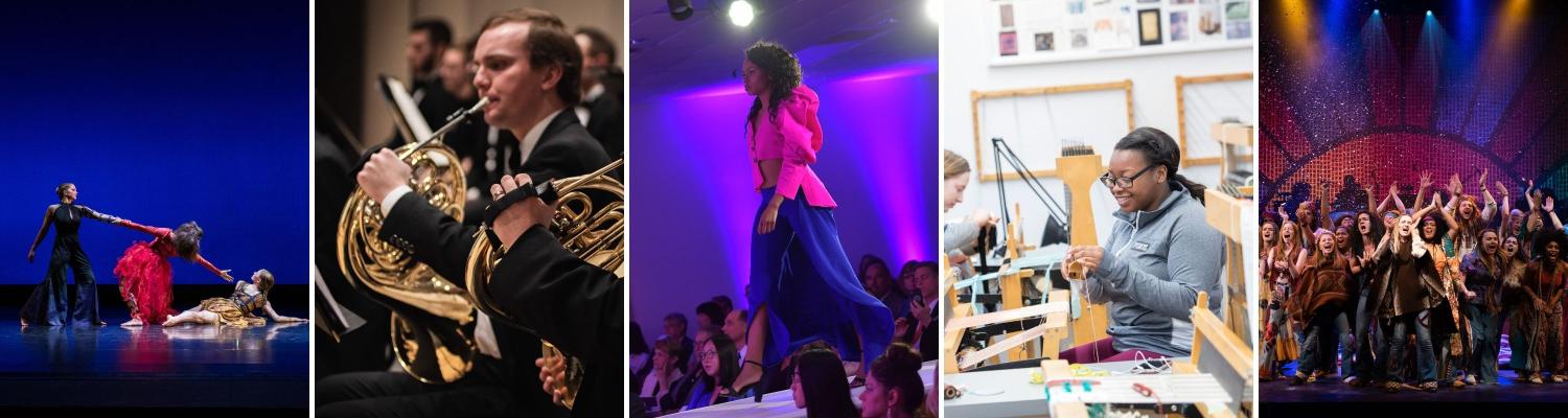 Photo of various elements of the College of the Arts: dance, music, theater, fashion