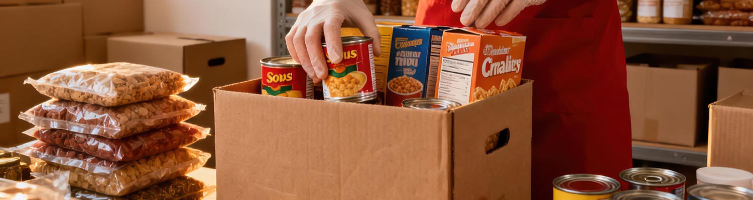 person wearing a red apron and gloves packing a box of food at a food drive