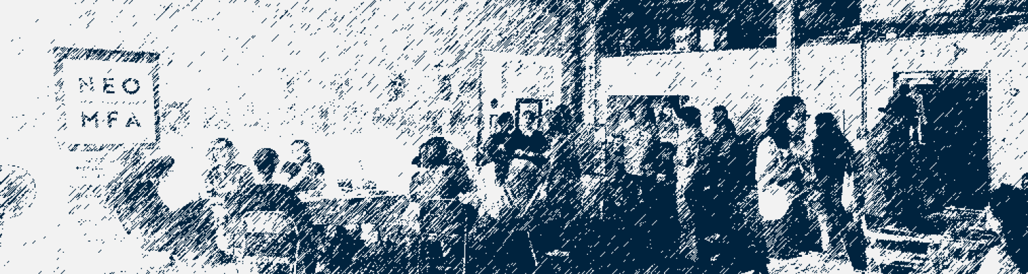 A photo of an open house for the Writing Program hosted at Standing Rock Cultural Arts in downtown Kent, edited in a stylized pencil-stroke style.