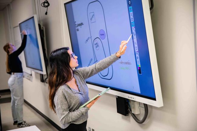 Student interacting with a touchscreen board