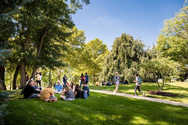 Students gathering socially on the grass in an open field on campus