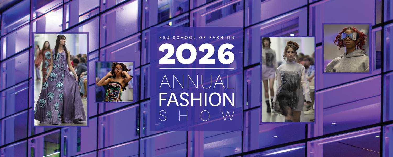 Fashion models in squares overlaying purple building background with fashion show logo