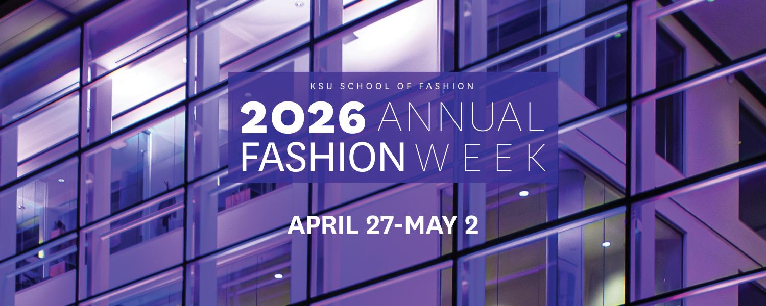 2026 Annual Fashion Week Graphic on purple background with purple building window grid texture in the background.