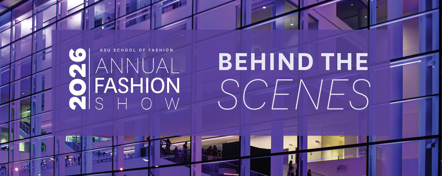 2026 Annual fashion show logo and Behind the Scenes logos over top a purple background