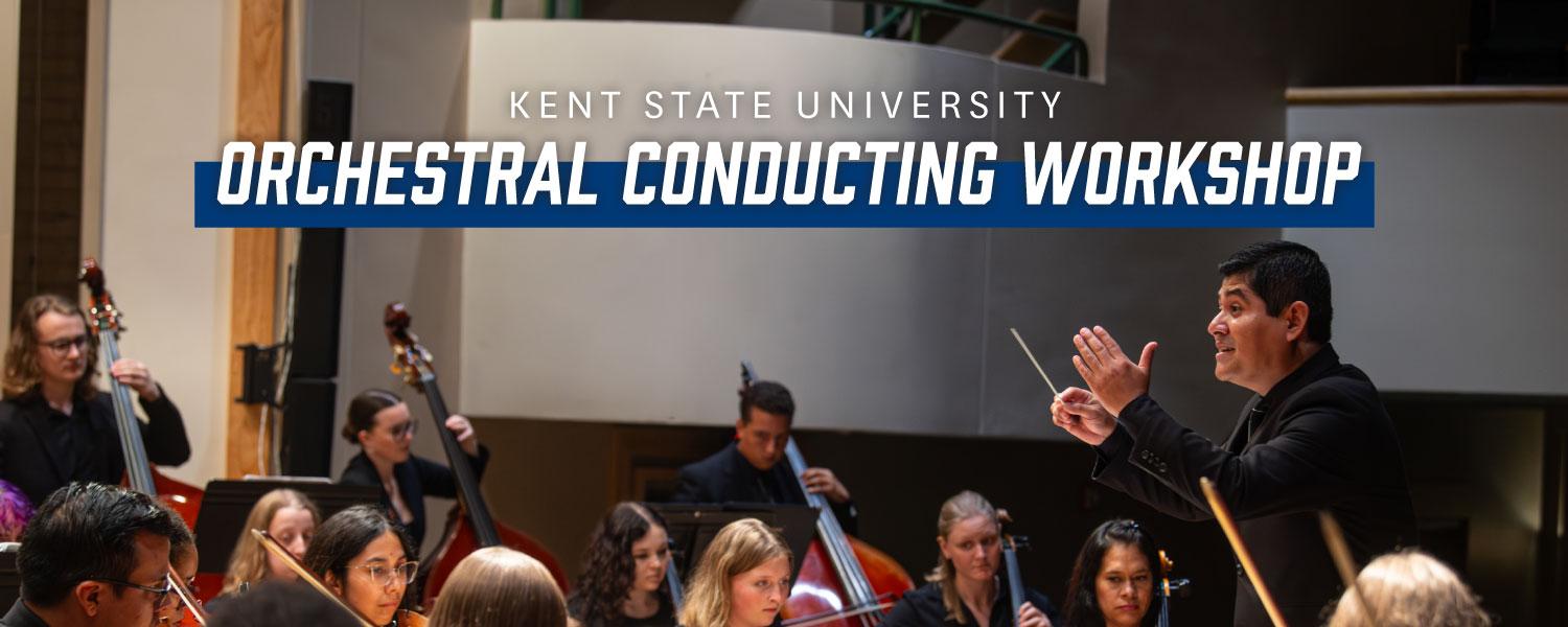 a mand conducting an orchestra with the type, Orchestral Conducting Workshop