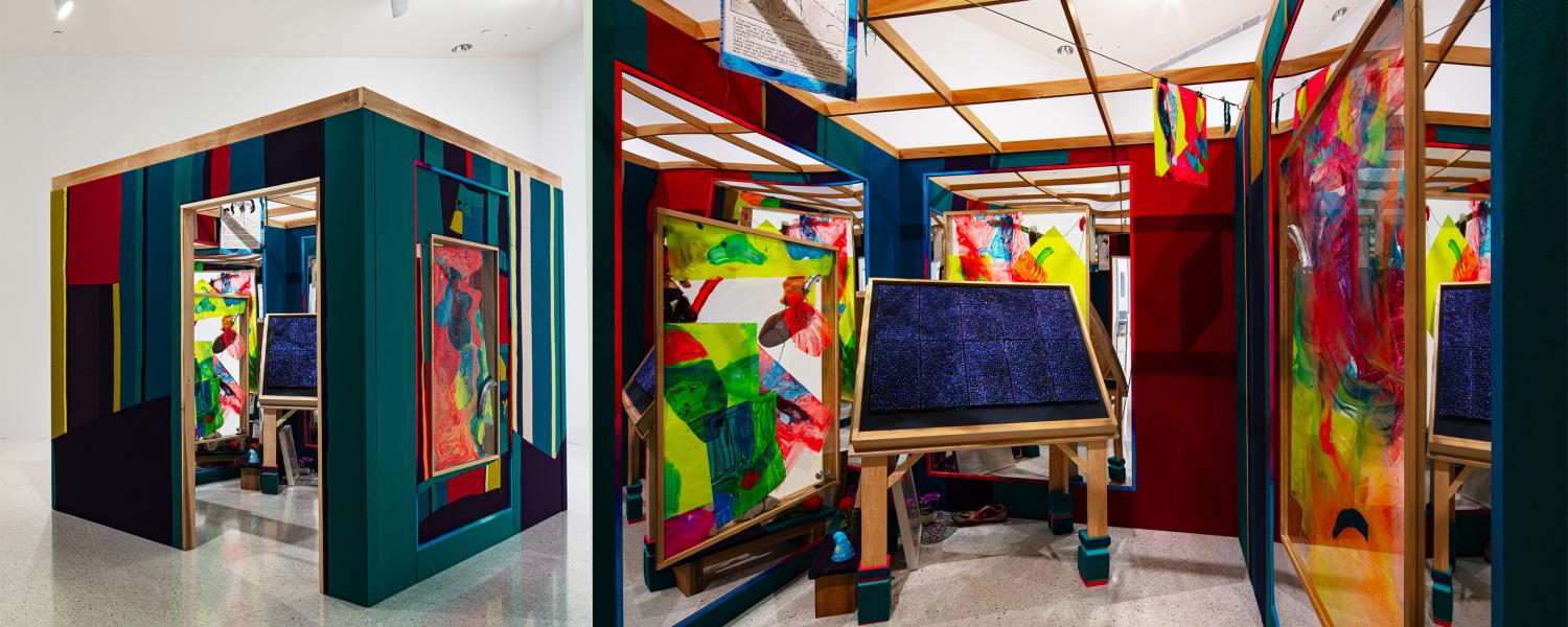 An art installation of a deconstructed and colorful room
