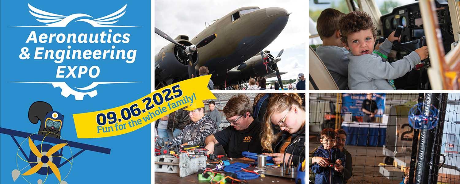Photo collage including a vintage airplane, children sitting in a modern airplanes, children building and flying drones.