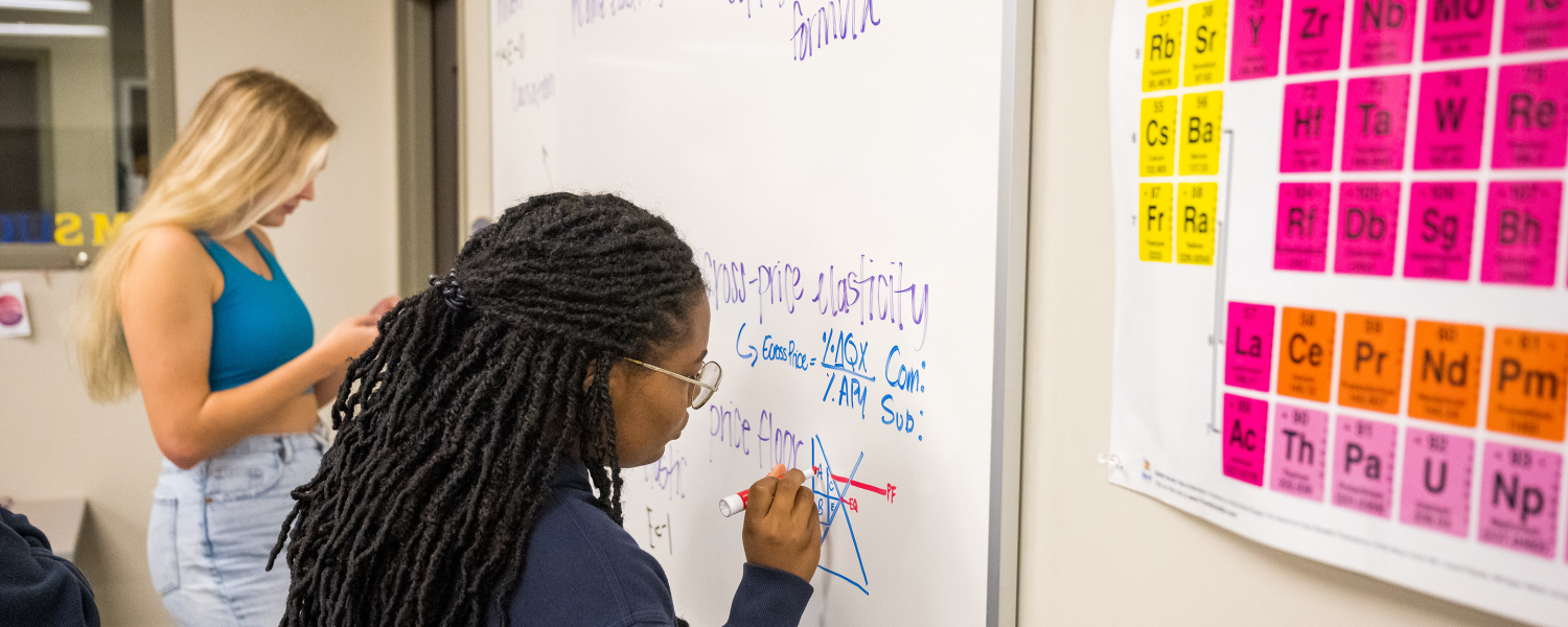 Two students work on a dry erase board in the Academic Success Center.