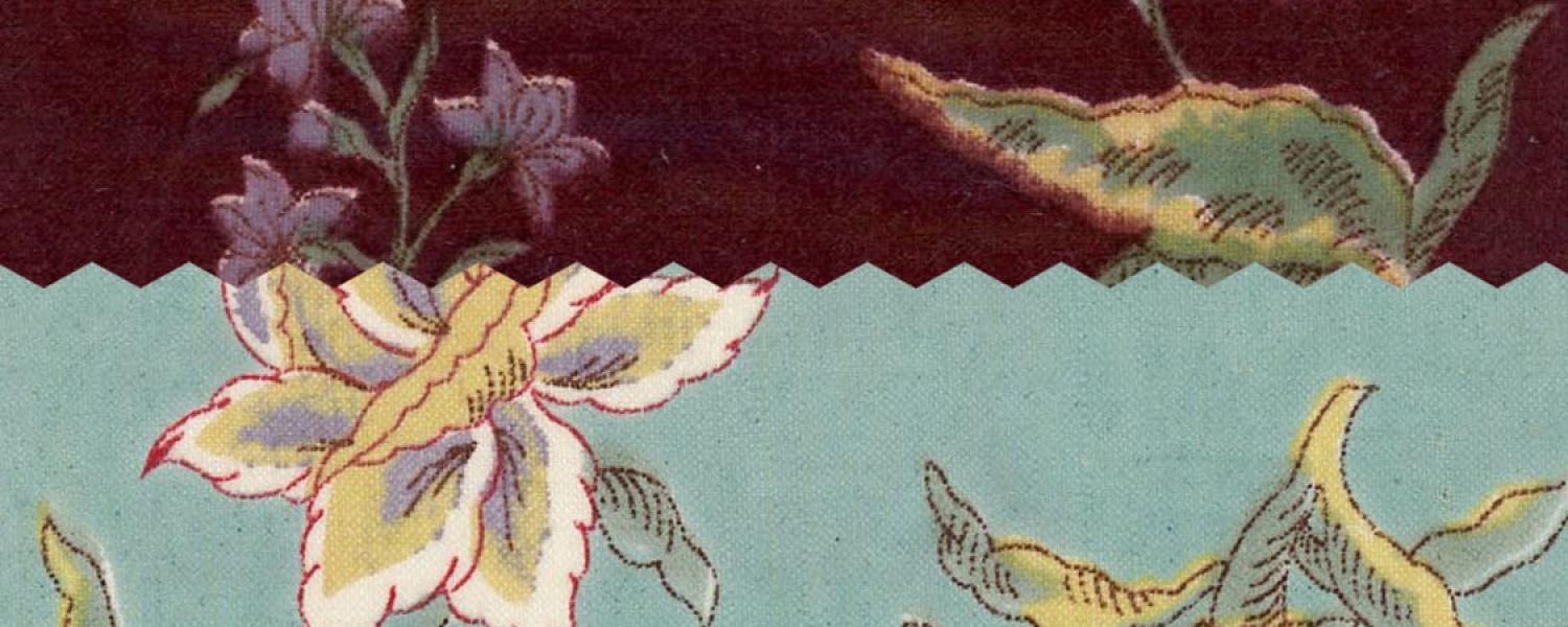 A group of four fabric swatches with floral designs. Colors are soft and muted tones of white, pinks, burgundy and turquoise.