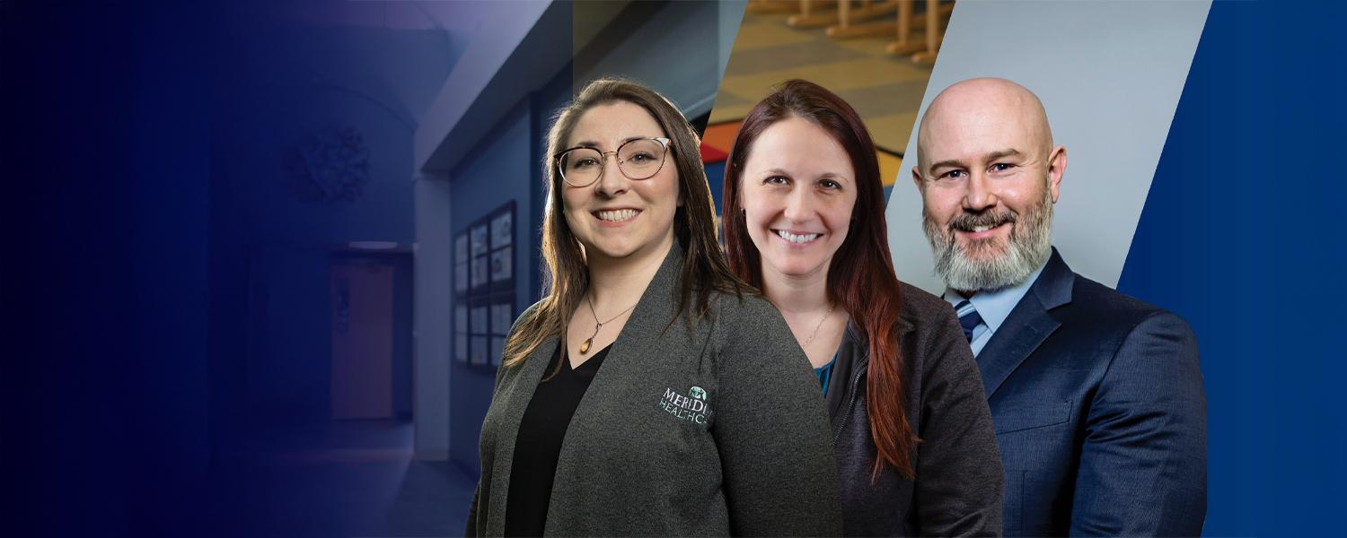 A photograph of Kent State University behavioral health alumni and leaders Jason Joyce, Cassandra Galloway, and Victoria Giegerich smiling.