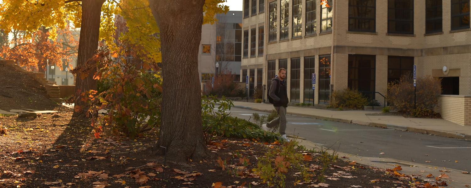 Student walking on a sidewalk beside trees in a fall setting.