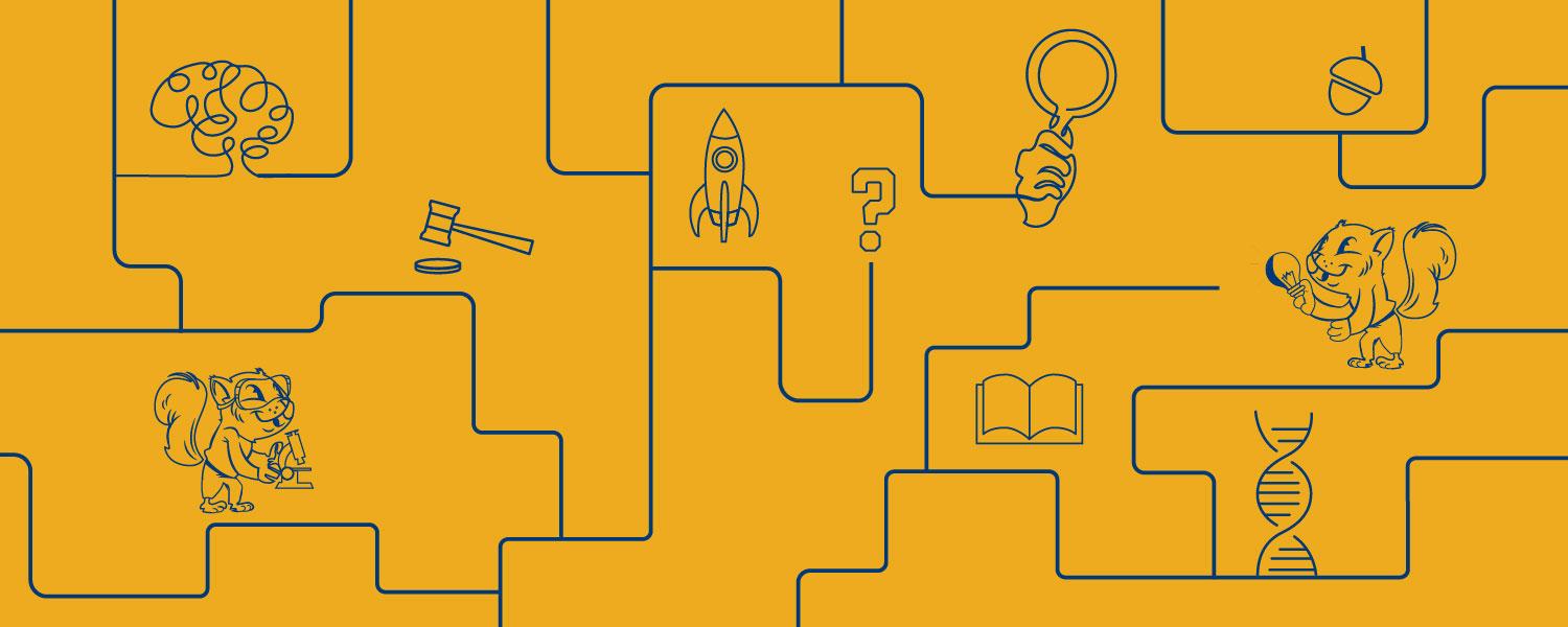 Yellow background with dark blue vector lines running through out. Some academic icons are scattered throught out like a DNA strand, microscope and a magnifyung glass.